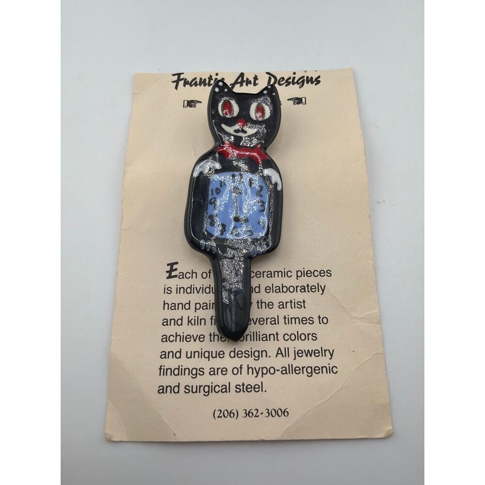 Vintage Frantic by Kay Sheen Art Designs Handcrafted Ceramic Cat Clock Brooch - Picture 5 of 5